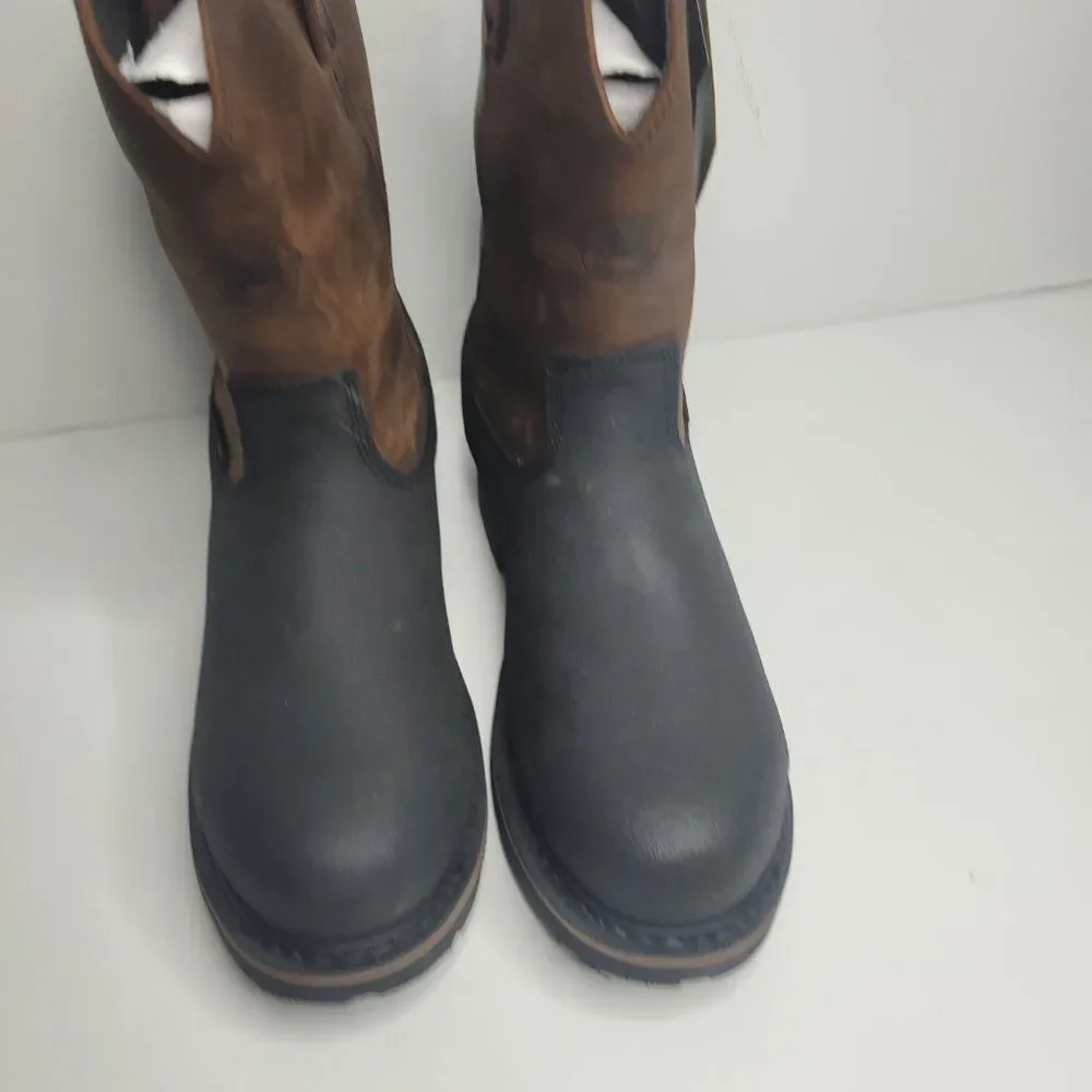 Justin boots black brown steel toe waterproof pull on work boots size 7EE NWT